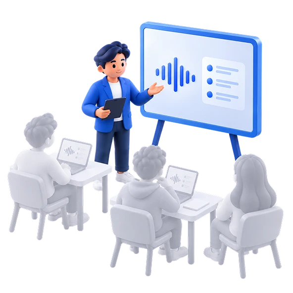Illustratie van een docent die met TalkTrainer een oefengesprek begeleidt voor een klas met leerlingen achter laptops.